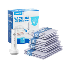 VINTAR vacuum seal bags for travel in a 12-pack, showing space-saving potential.