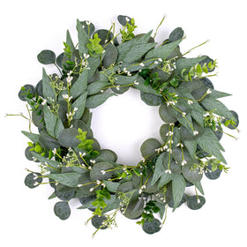 VioletEverGarden eucalyptus wreath with berries on a front door, vibrant welcoming decor
