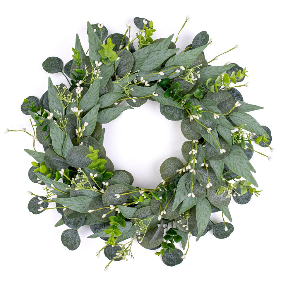 VioletEverGarden eucalyptus wreath with berries on a front door, vibrant welcoming decor