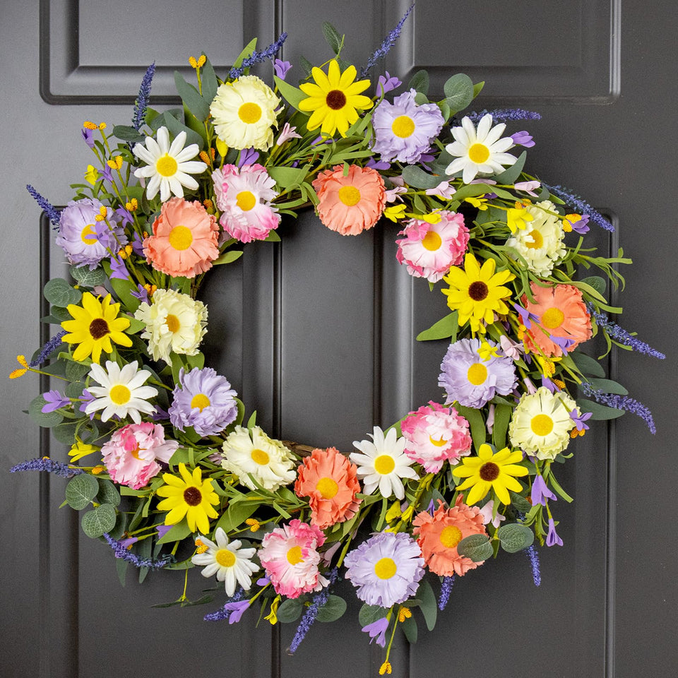 VioletEverGarden spring wreath with lavender daisies and eucalyptus boosts curb appeal
