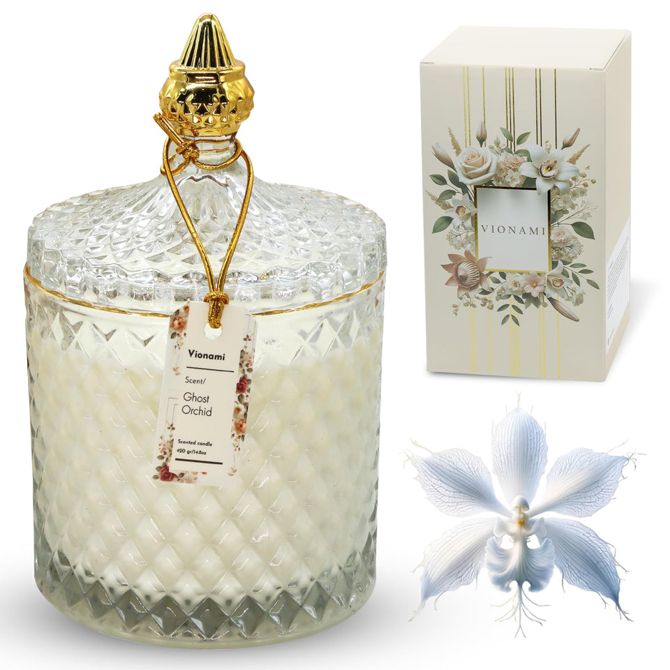 VIONAMI Ghost Orchid Candle jar featuring a diamond-cut luxury glass for elegant home décor.