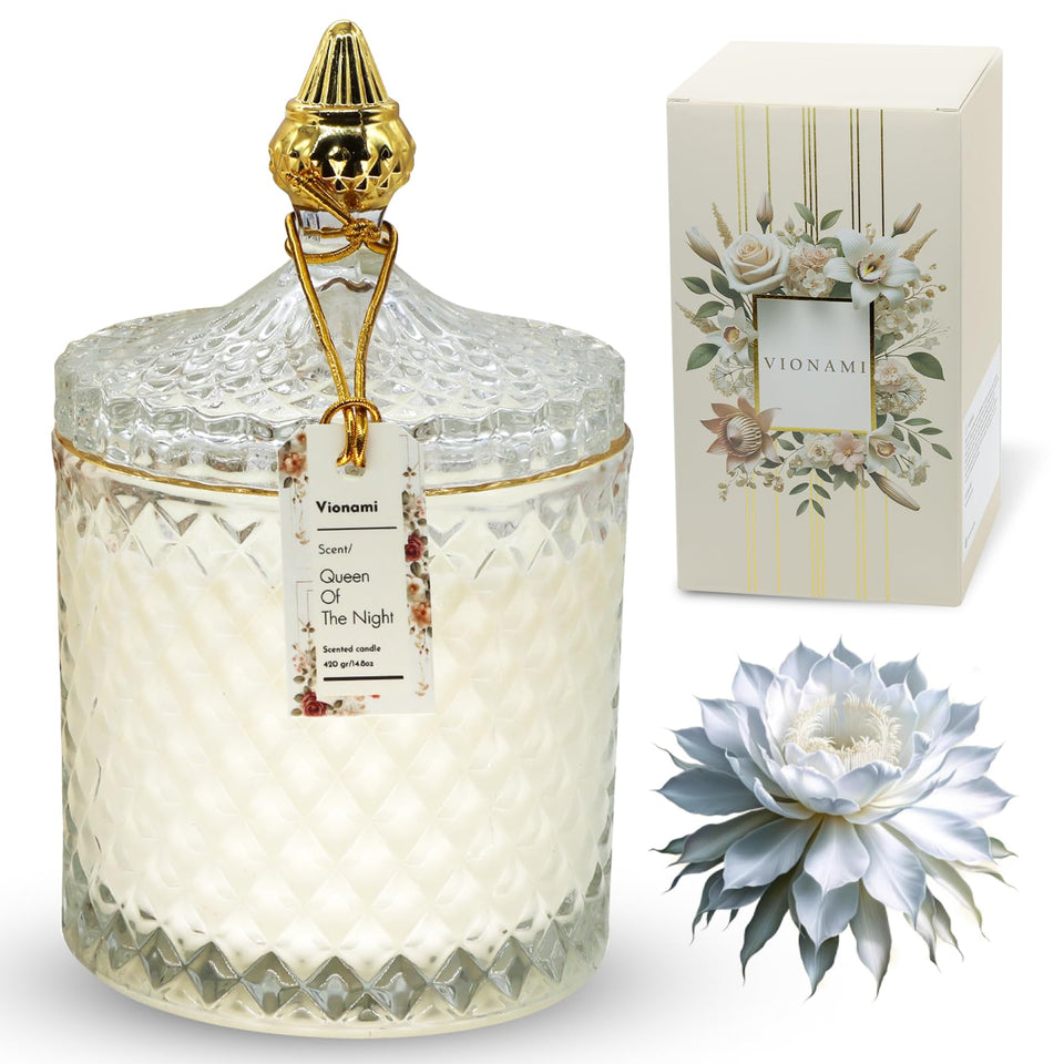VIONAMI Queen of the Night candle in a diamond-cut glass jar for elegant ambiance