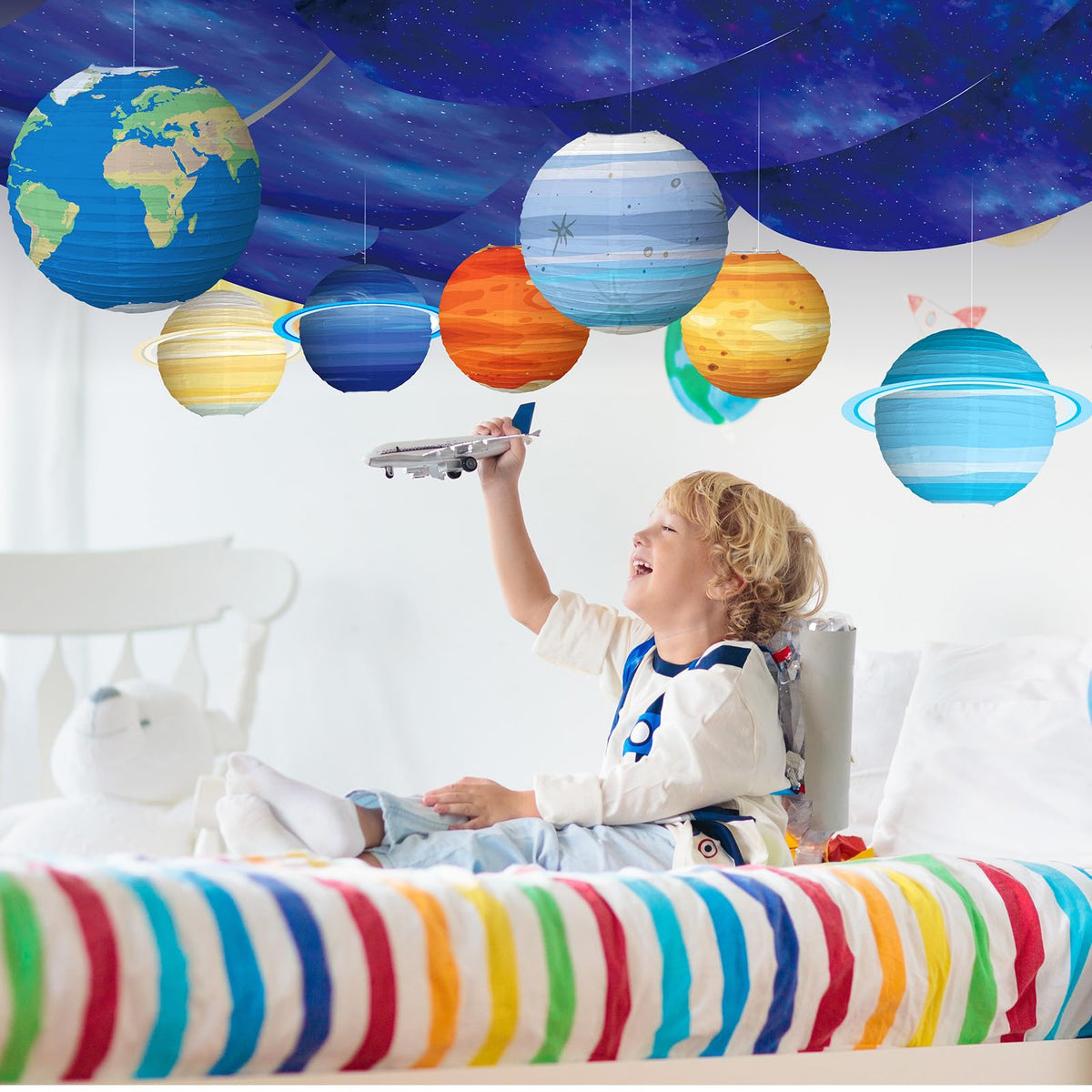 VioraWhite blue space themed decorations create calming atmosphere.