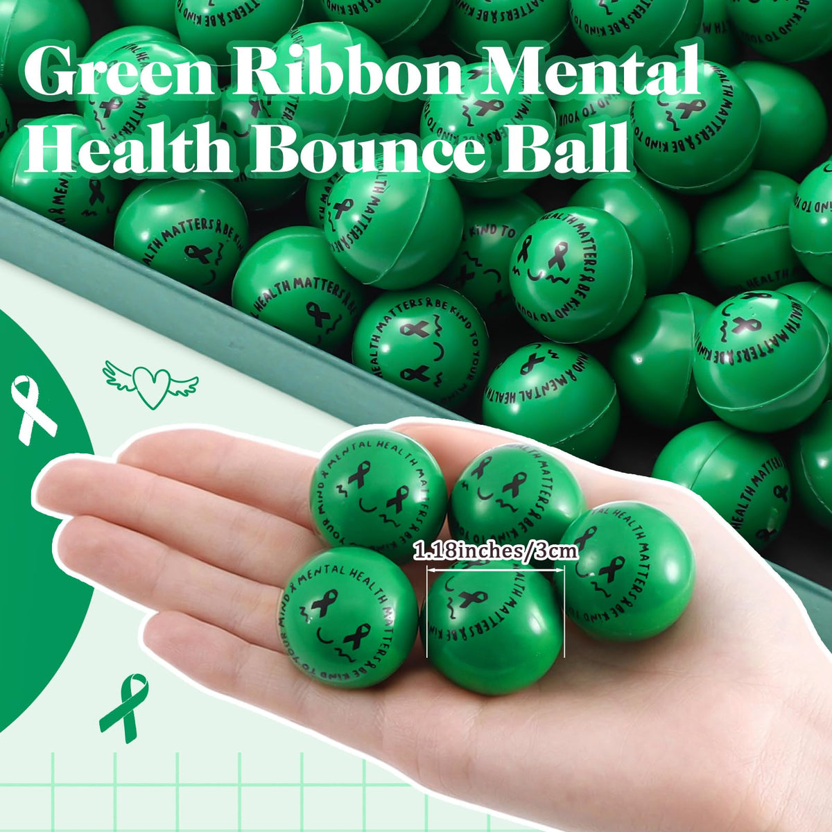 VioraWhite green ribbon bouncy ball on table highlighting compact size for kids.