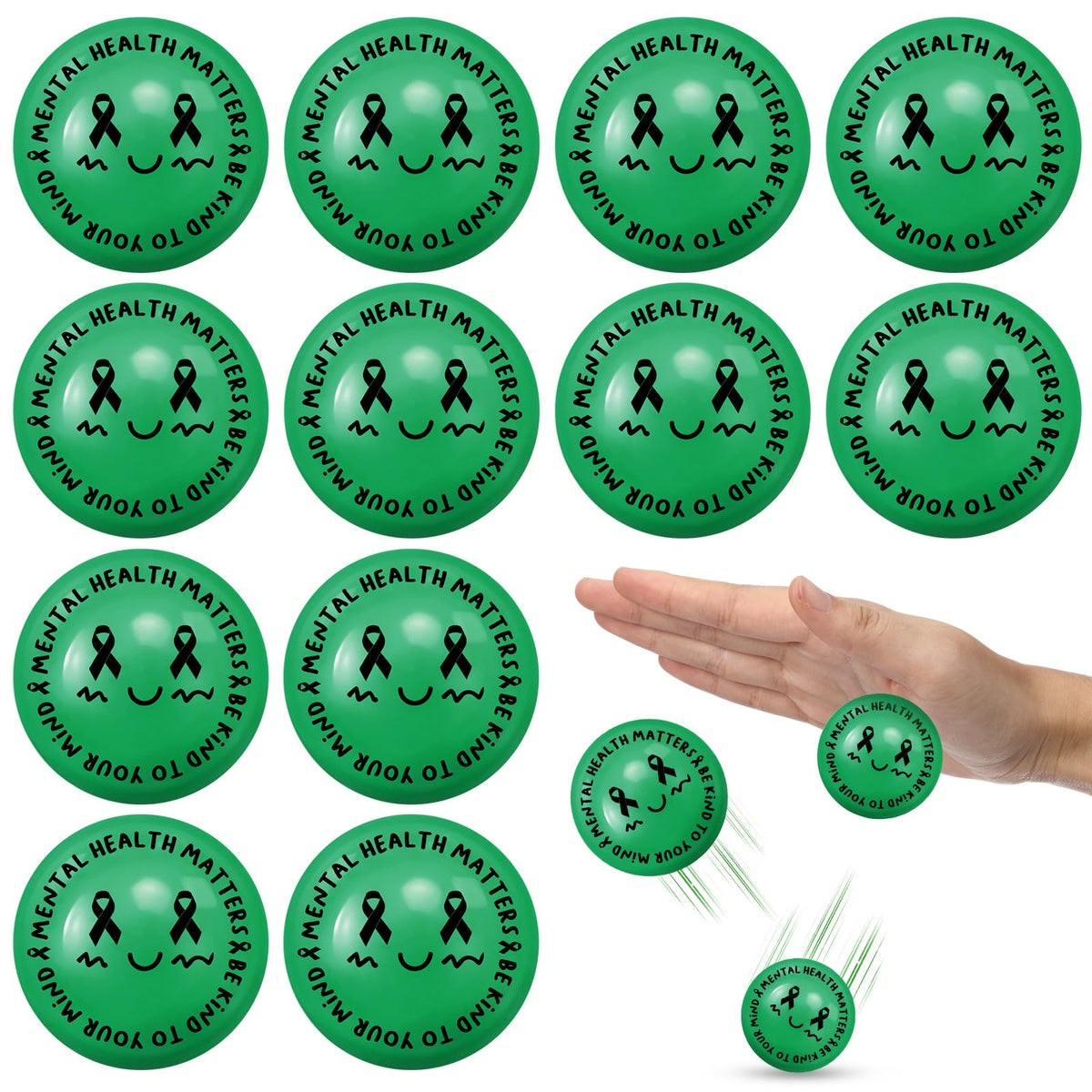 VioraWhite green ribbon bouncy ball pack front for awareness campaigns.