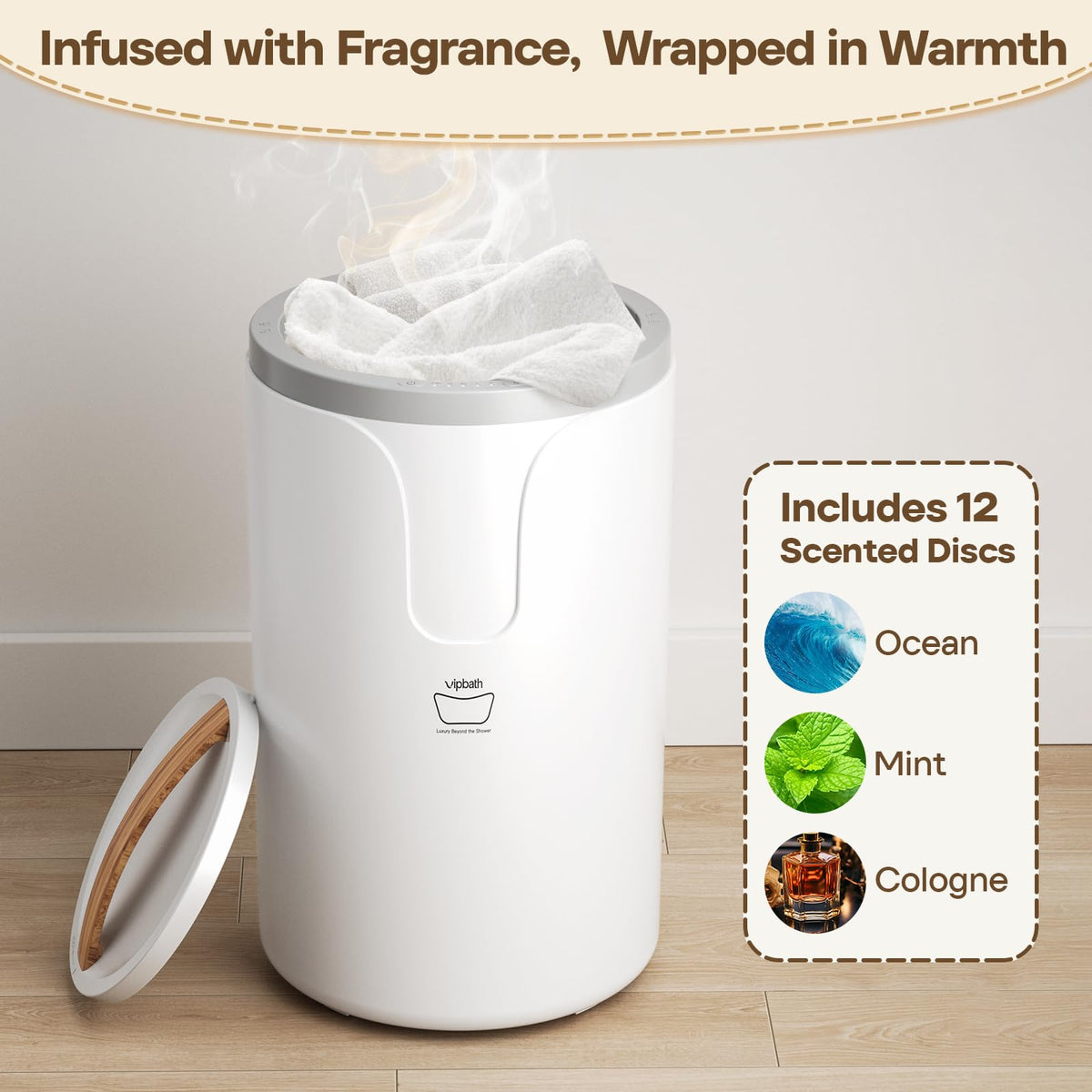 VIPBATH 20L towel warmer fragrance discs close-up for aromatic relaxation