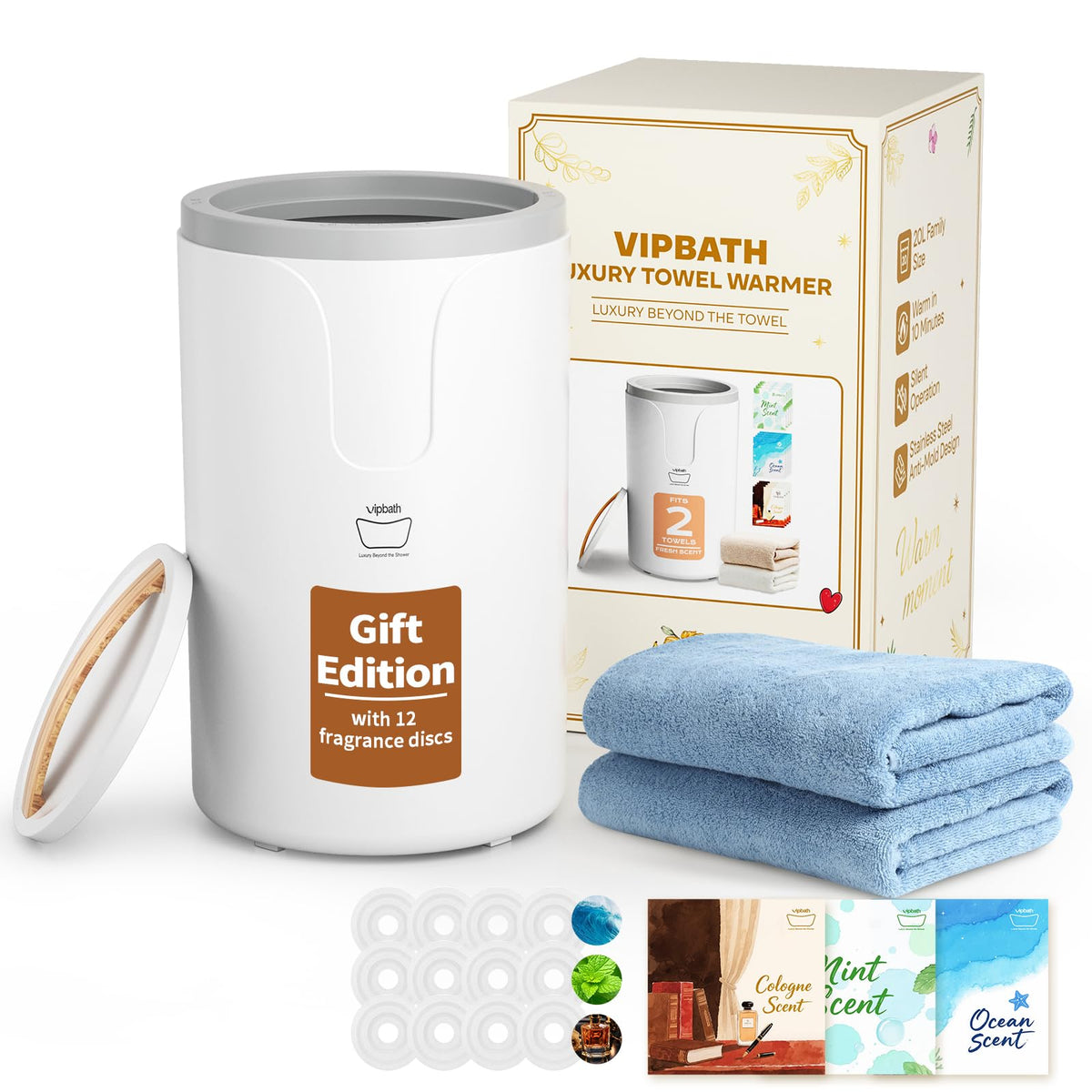 VIPBATH 20L towel warmer front view with stainless interior for warm towels after shower