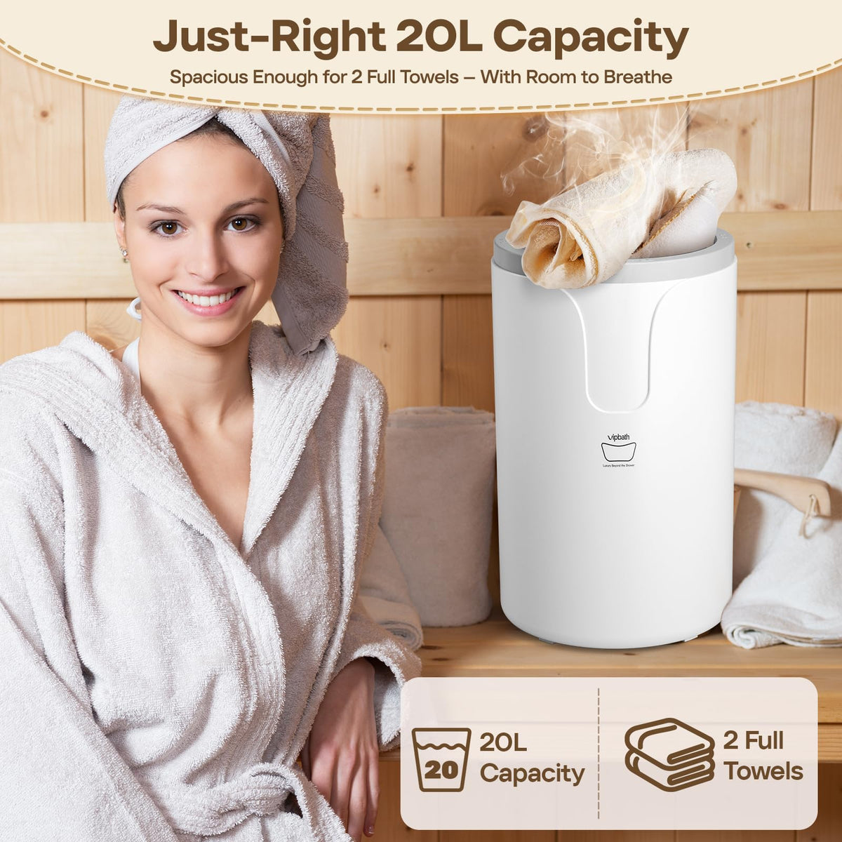 VIPBATH 20L towel warmer inside view highlighting even edge-to-edge warming