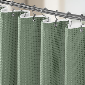 Vipfree waffle shower curtain in sage green showing premium 258 GSM fabric and privacy