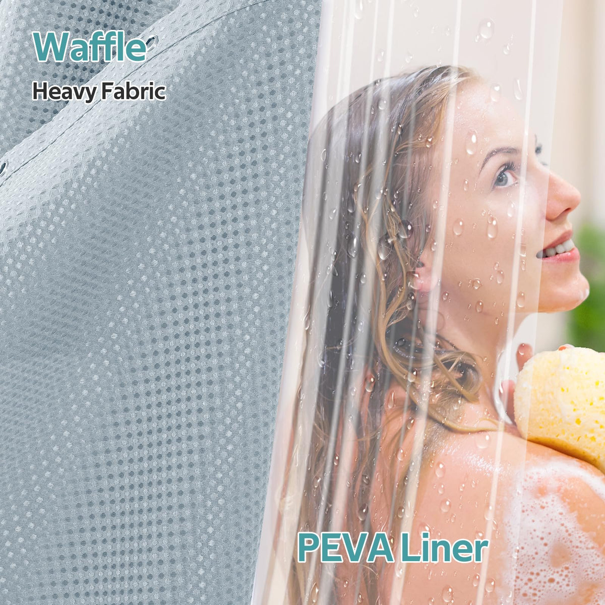 Vipfree waffle-shower-curtain close-up highlights luxurious texture and water-wicking weave.
