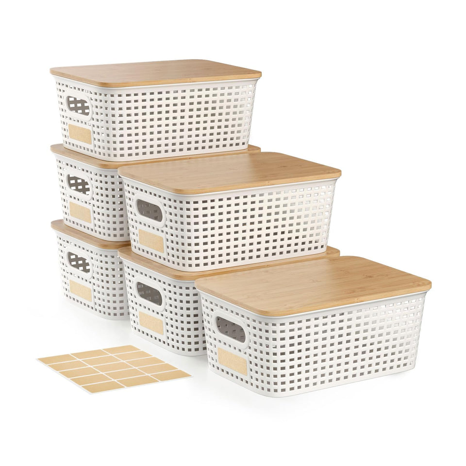 Viphope 6-pack storage bins with lids, stackable for tidy pantry organization.