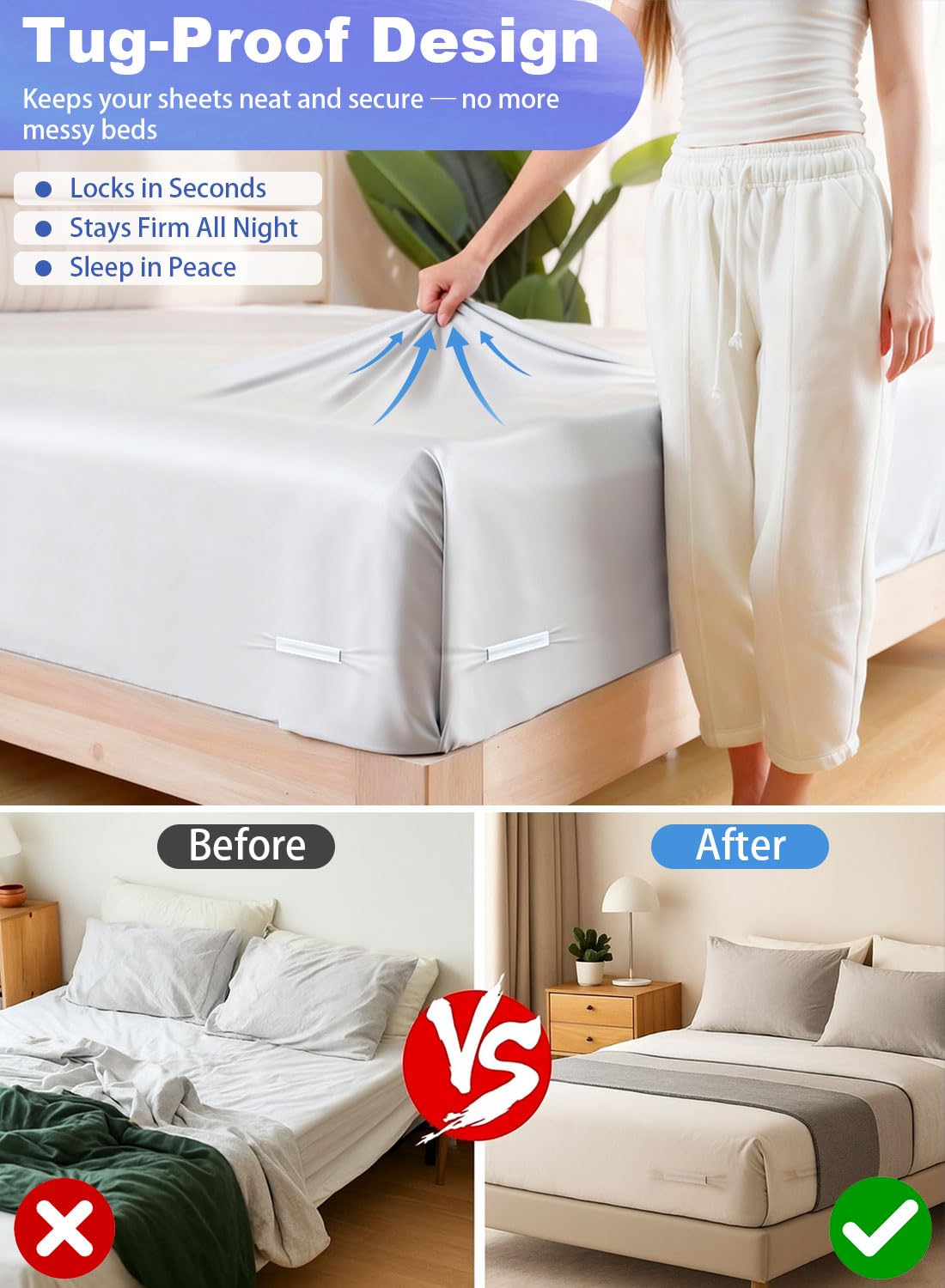 Visatai bed sheet holders fit twin to king mattresses for universal use