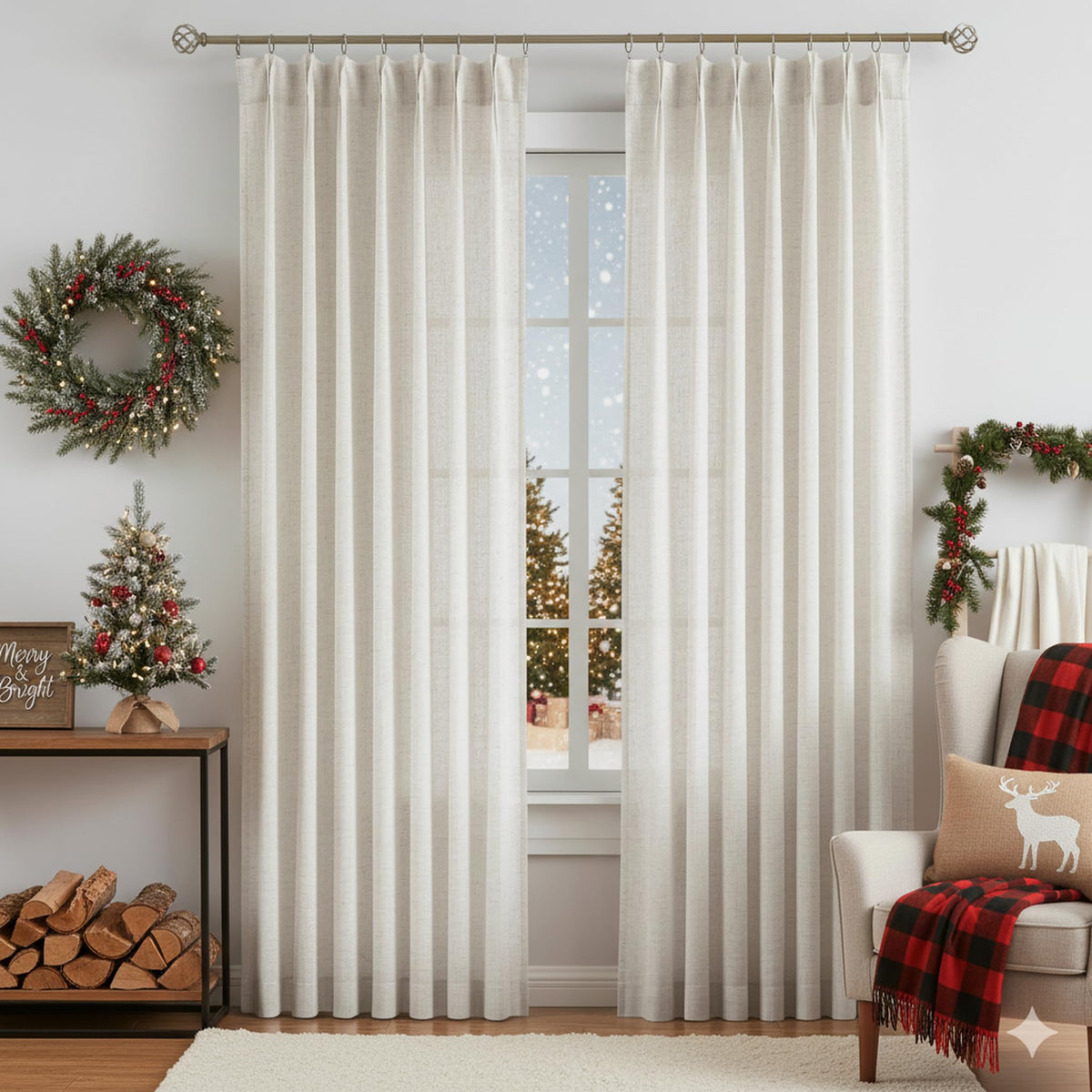 Vision Home beige linen blend curtains suit living rooms, bedrooms, nurseries, and offices.