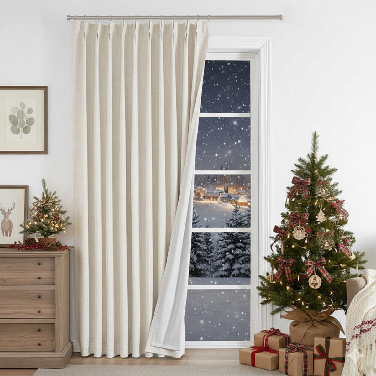 Vision Home beige pinch-pleat curtains coordinate with bedrooms and living rooms