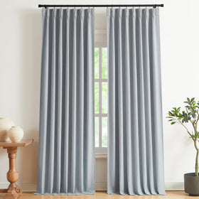 Vision Home blue gray pinch pleated panel adds style and privacy.
