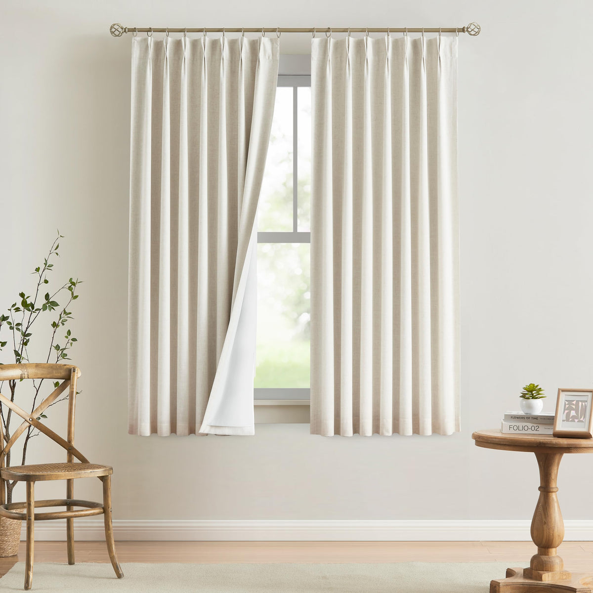 Vision Home natural pinch-pleated curtains with closed panels for privacy and light control.