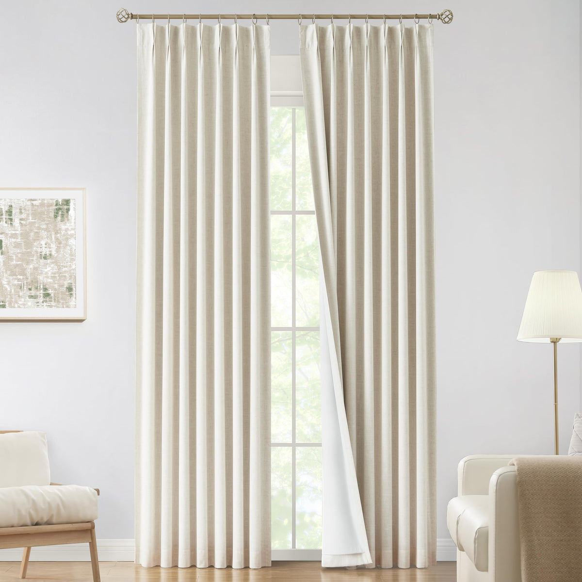 Vision Home pinch pleated curtains front view for a modern living room.