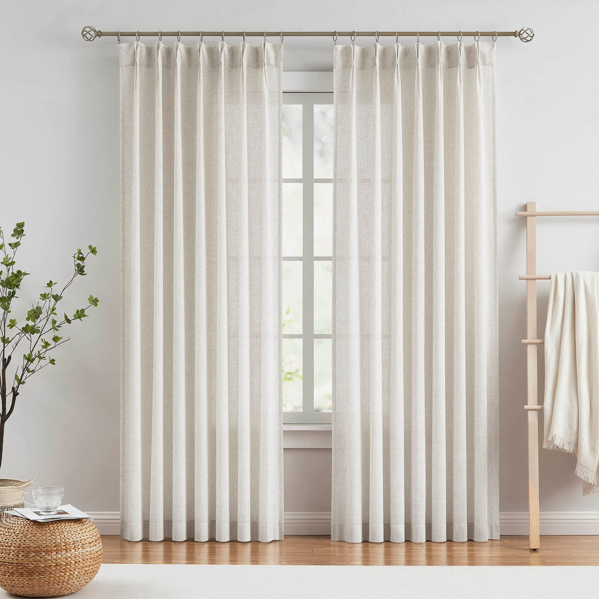 Vision Home natural pinch-pleated curtains with soft light diffusion in living spaces.