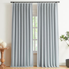 Vision Home pinch-pleated blackout curtains in blue fog with 40x84 panel close-up for privacy