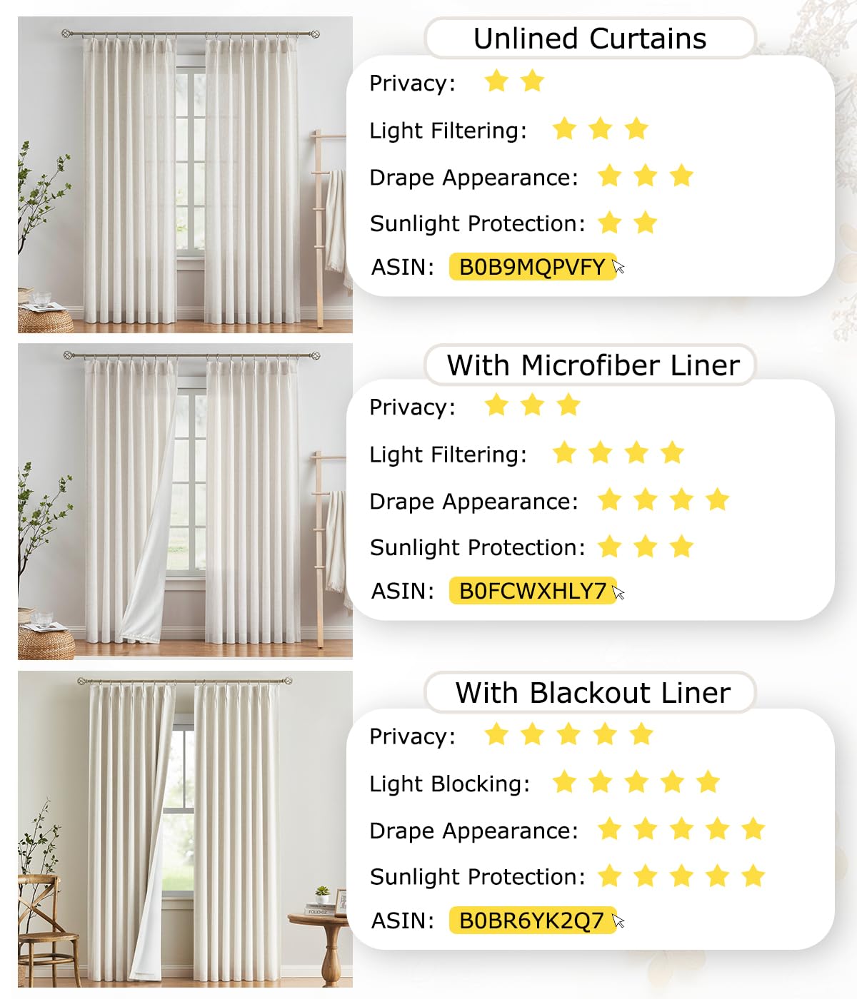 Vision Home pinch-pleated curtains with hidden hooks enable easy hanging options.