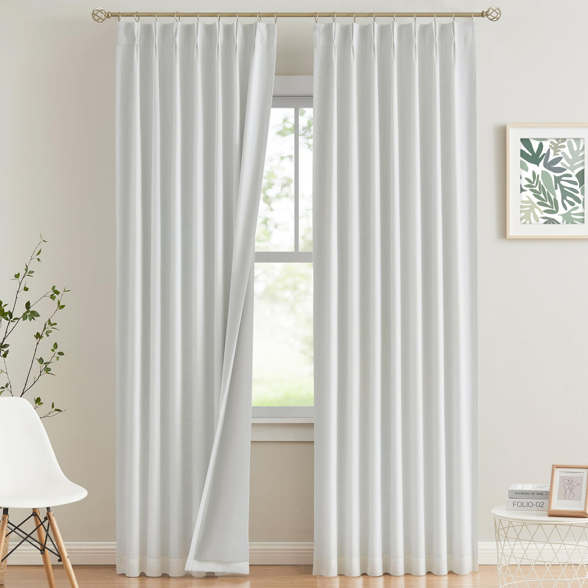 Vision Home white pinch pleated blackout curtain panel in 40x95 size for living room