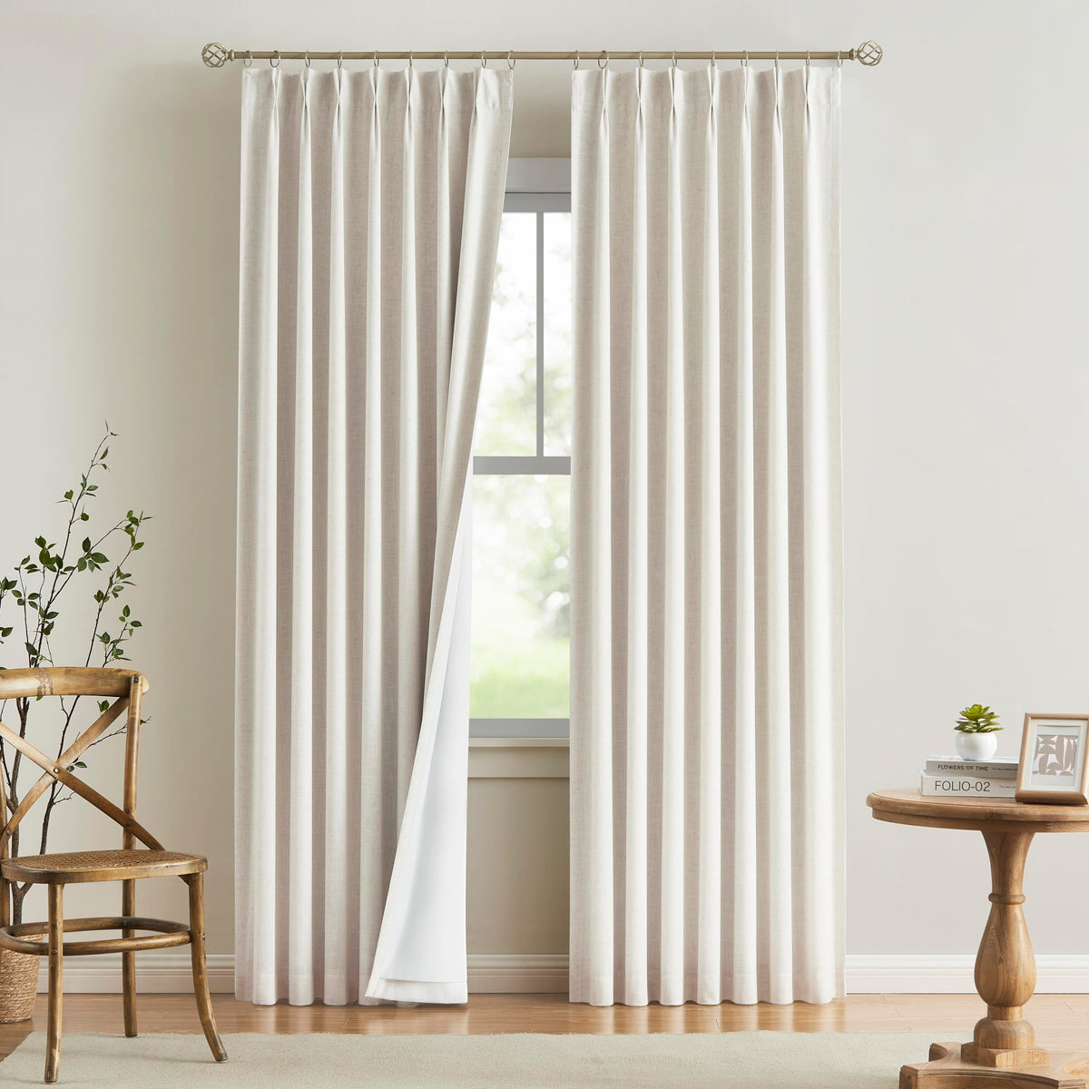 Vision Home curtains package front view showing natural linen blend and pinch-pleat design for living spaces.