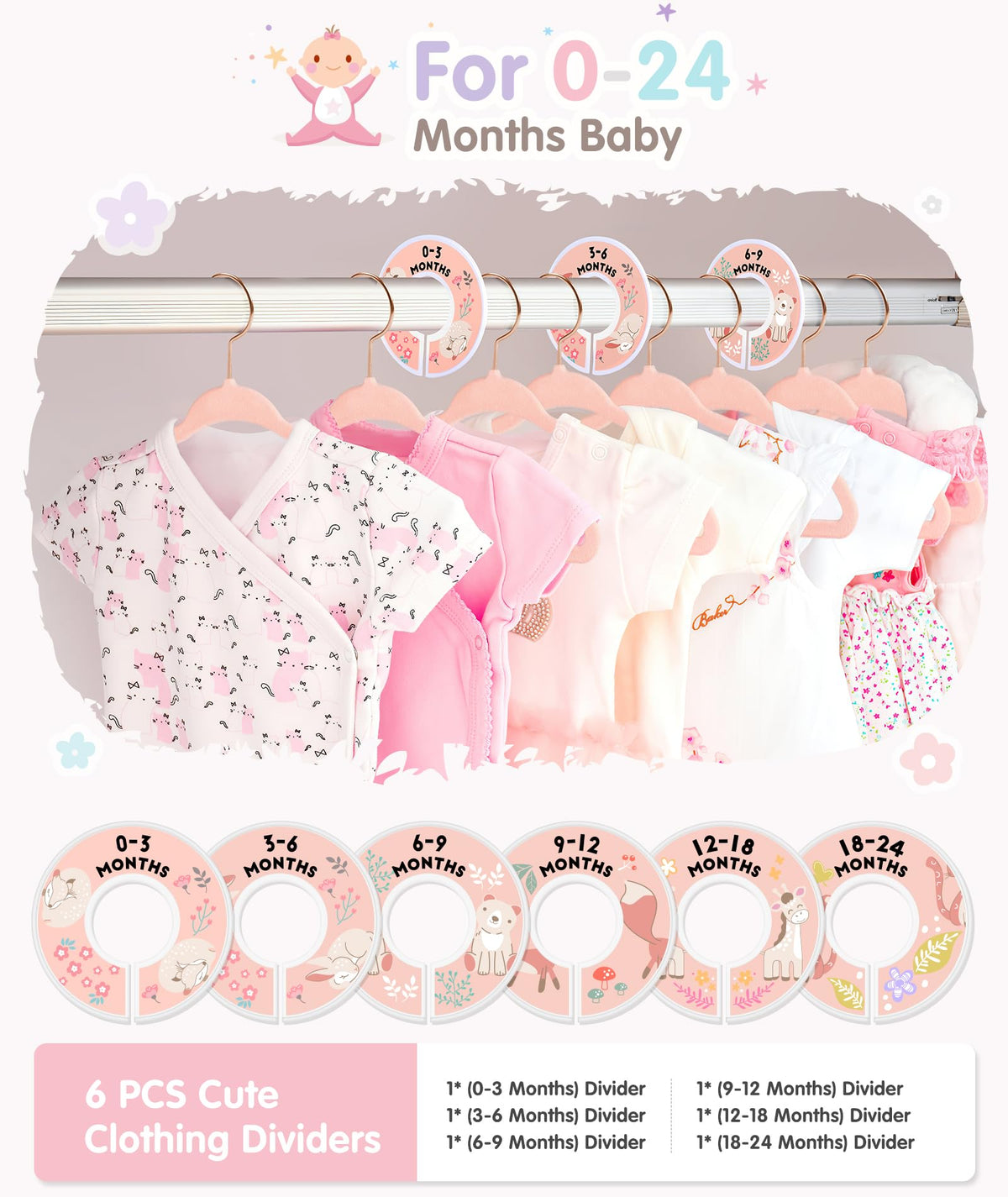Vis'V dividers show 0-24 months to organize infant outfits efficiently.