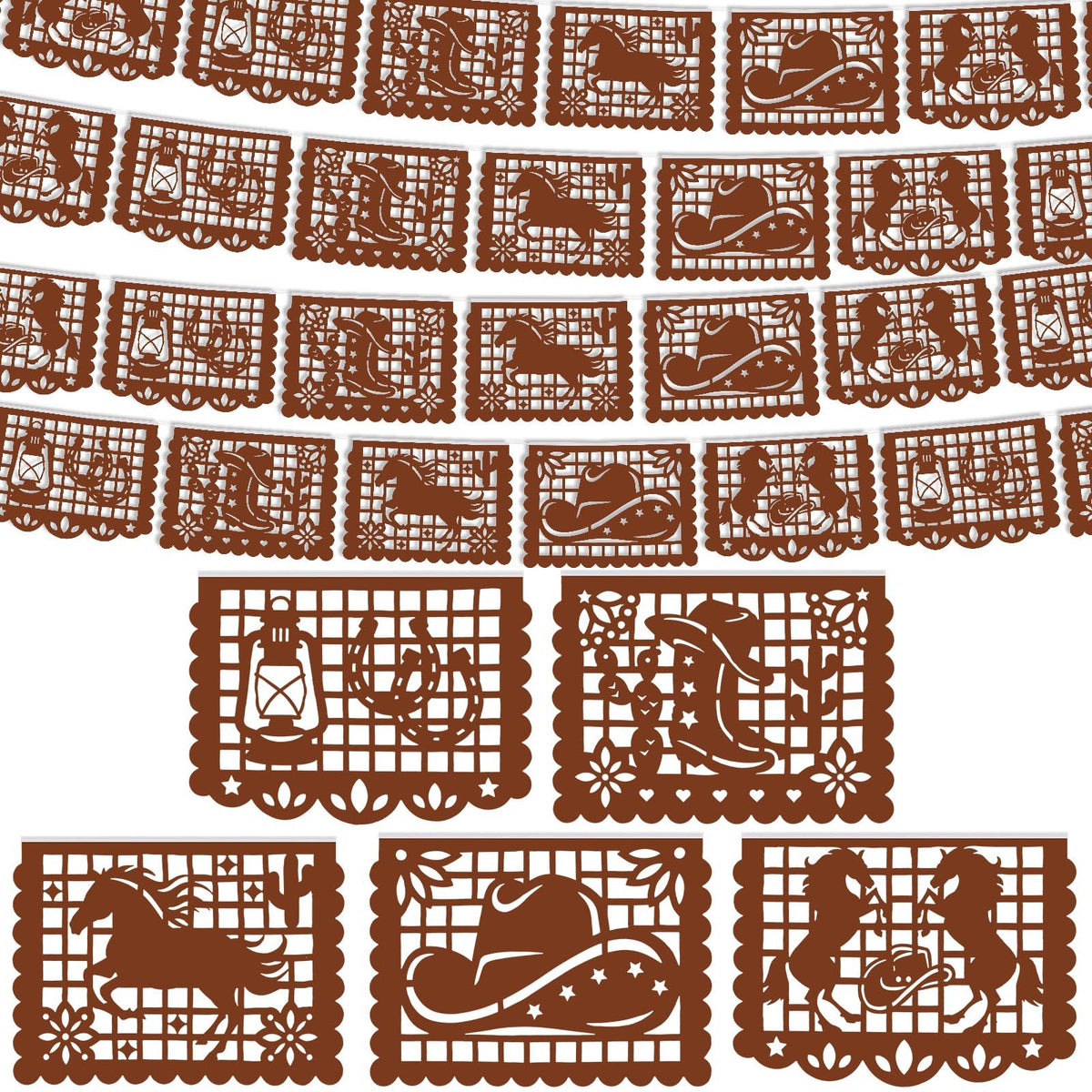 VitalCozy Western Cowboy paper-cut banner with long rope setup for festive outdoor celebrations.