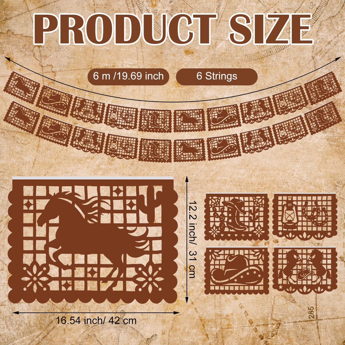 VitalCozy Western Cowboy paper-cut banner in brown close-up showing durable plastic for weather-ready decor.