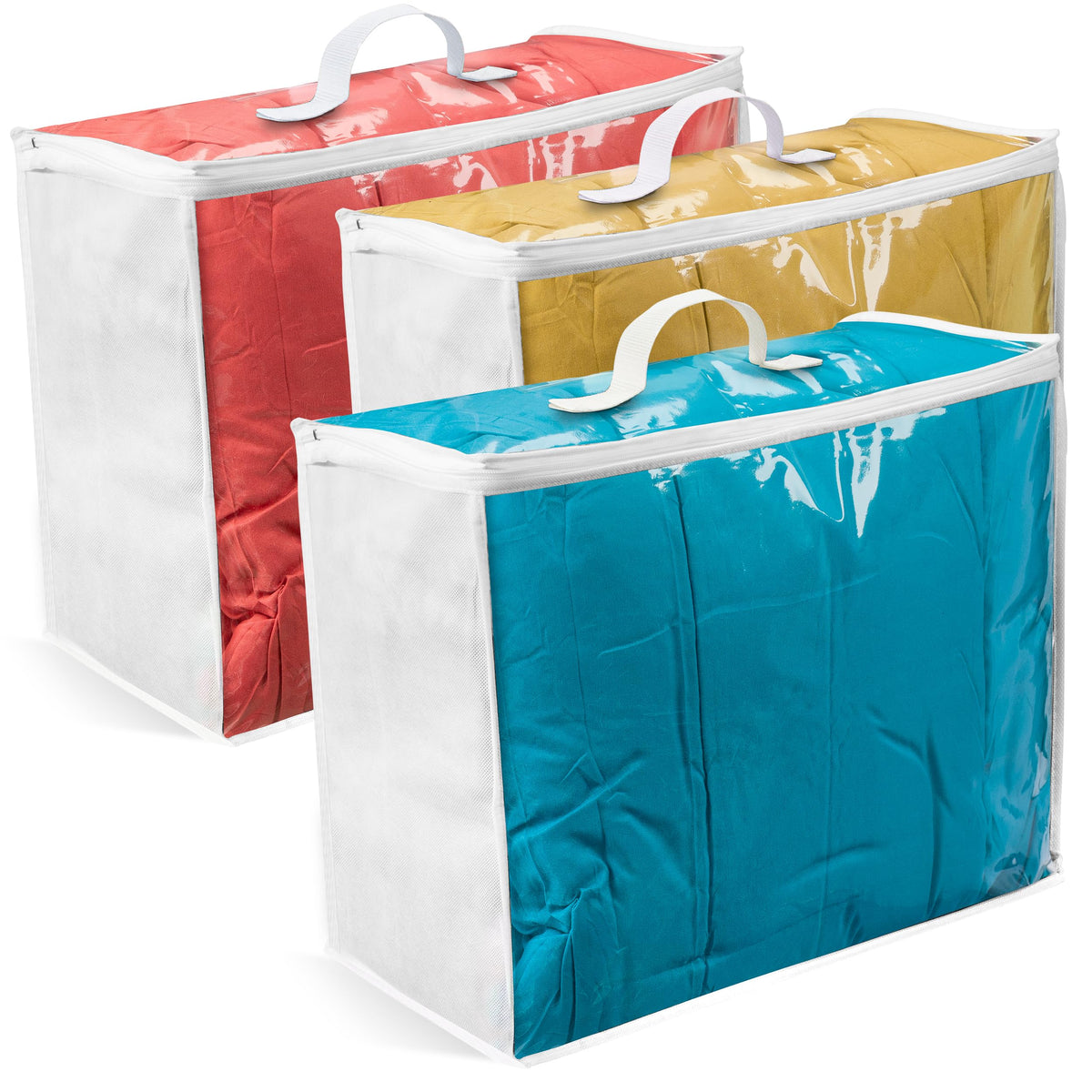 VitalUp clear storage bag with zipper shows contents for bedding storage.