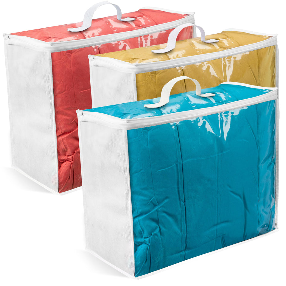 VitalUp clear storage bag with zipper shows contents for bedding storage.