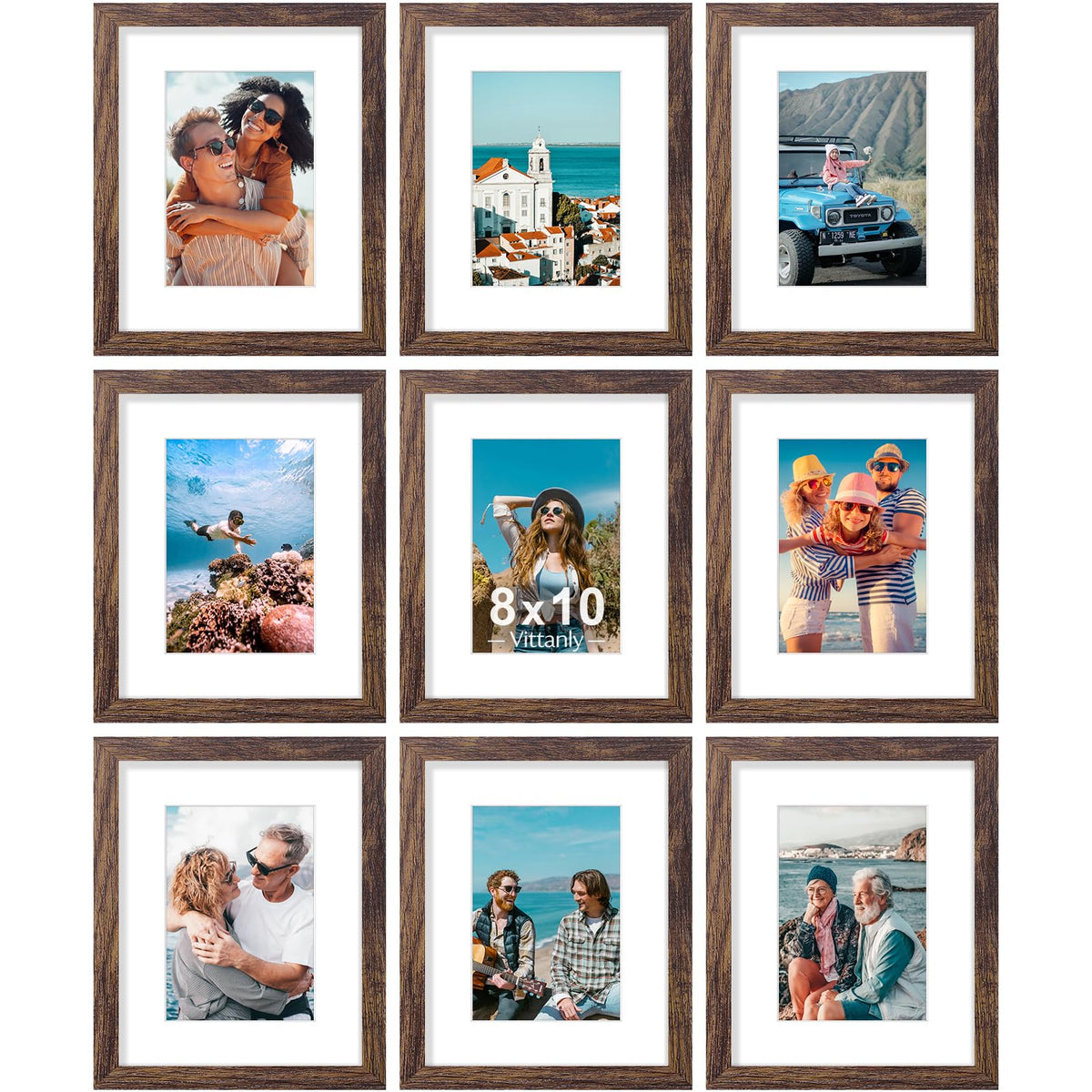 Vittanly 8x10 frame set in brown engineered wood for sturdy wall or tabletop display.