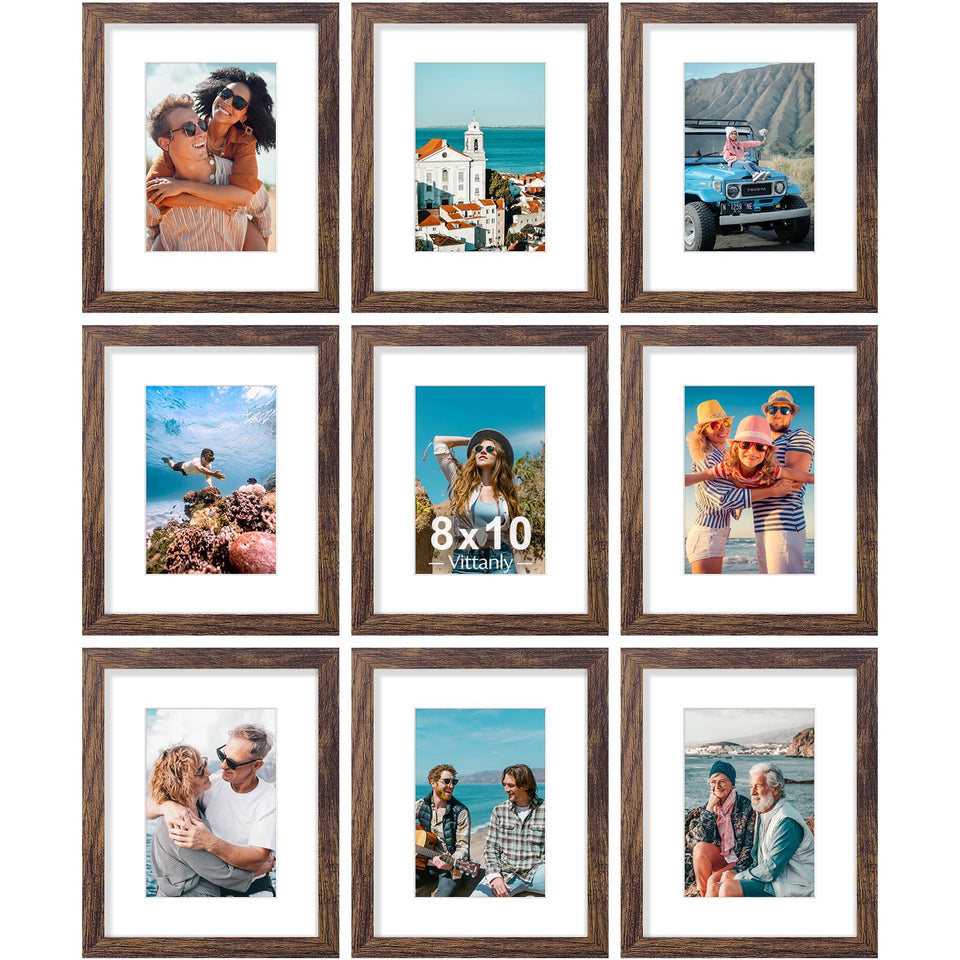 Vittanly 8x10 frame set in brown engineered wood for sturdy wall or tabletop display.