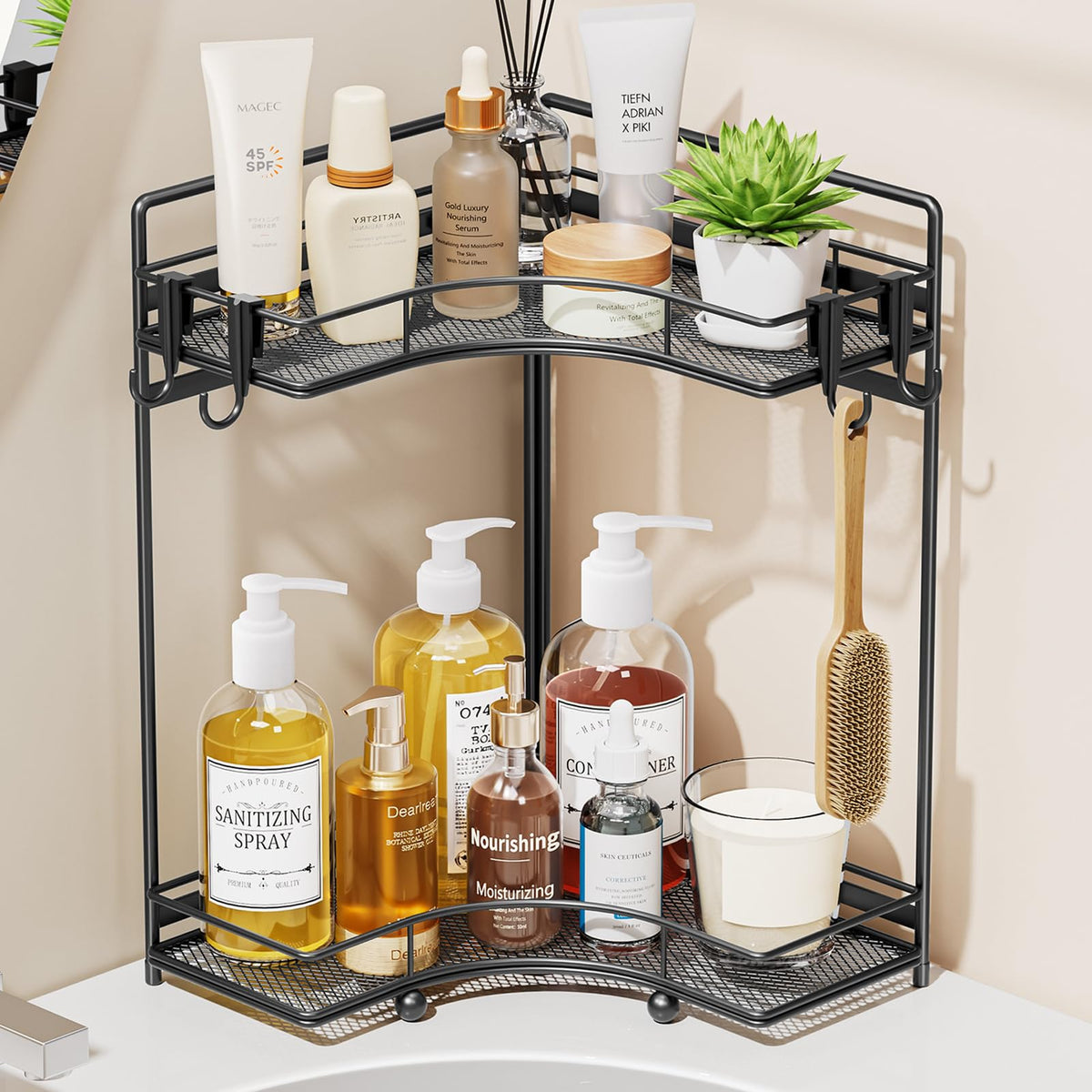 VITVITI 2-tier corner organizer assembled on a clean bathroom counter for space-saving storage.
