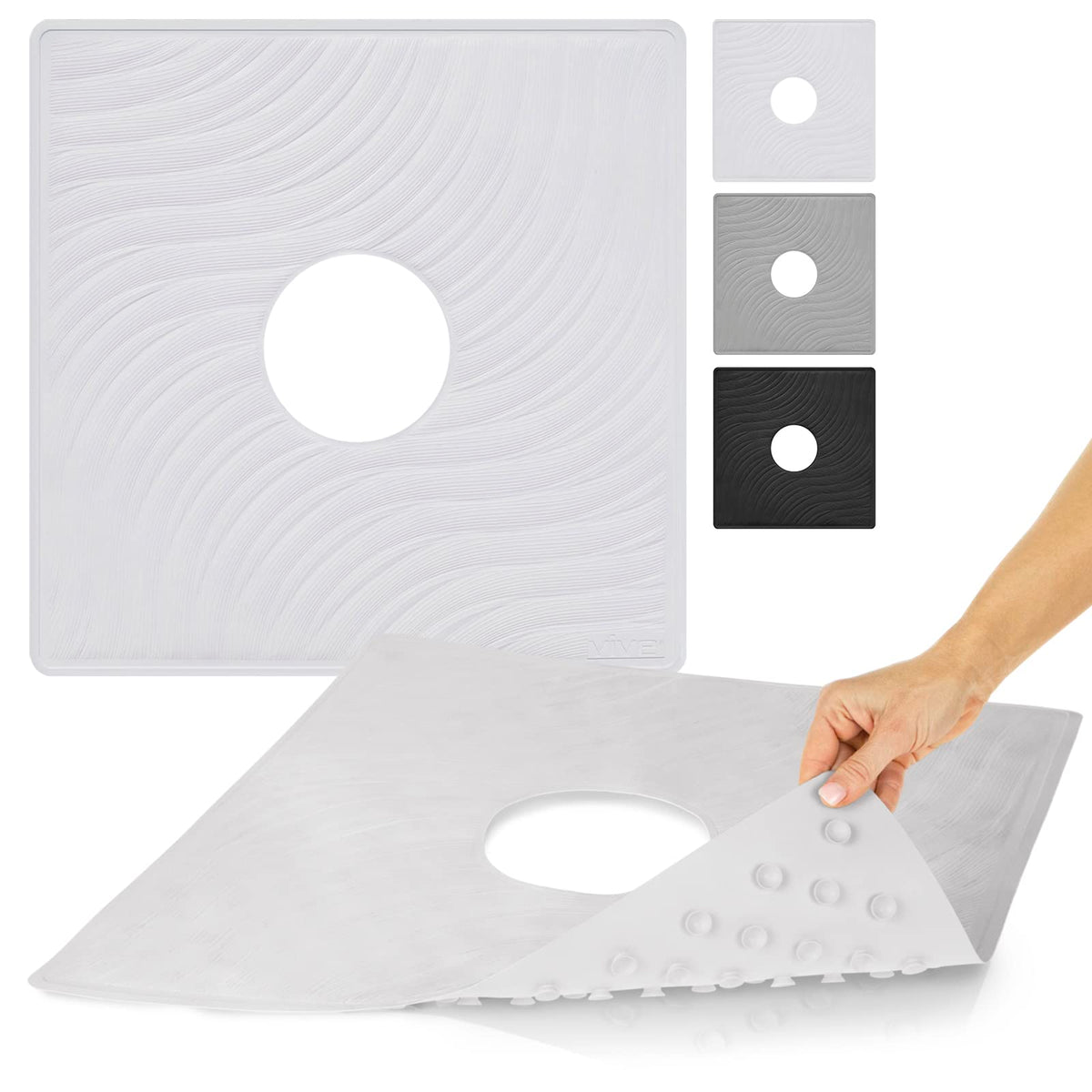 Vive Shower Mat 22x22 square for broad, stable coverage in the tub or stall