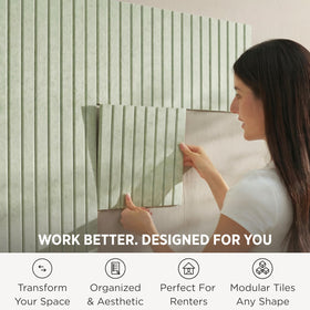VIVELDA Sage felt tiles close-up texture—durable surface for frequent pinning.