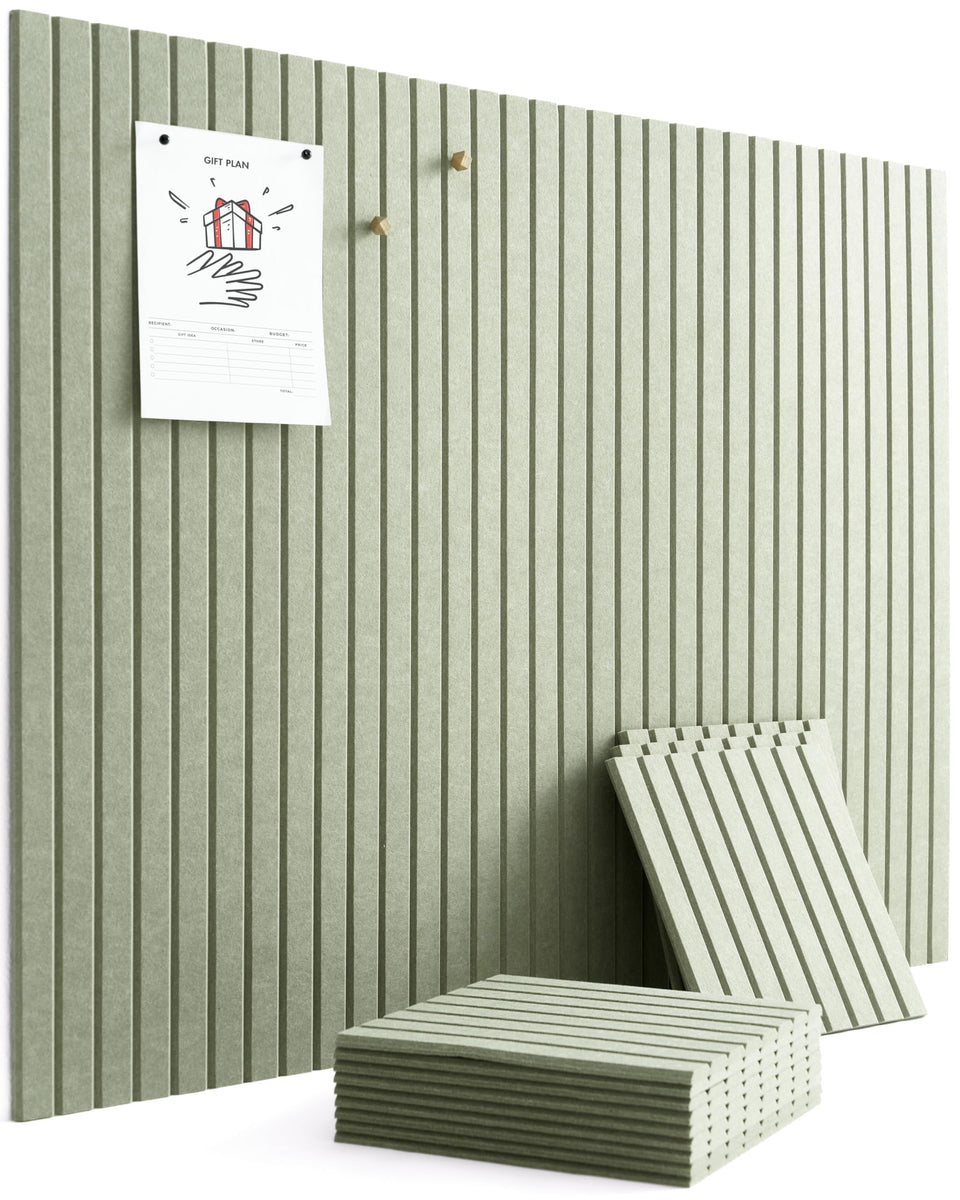 VIVELDA Sage large bulletin board tiles assembled to form a customizable wall layout.