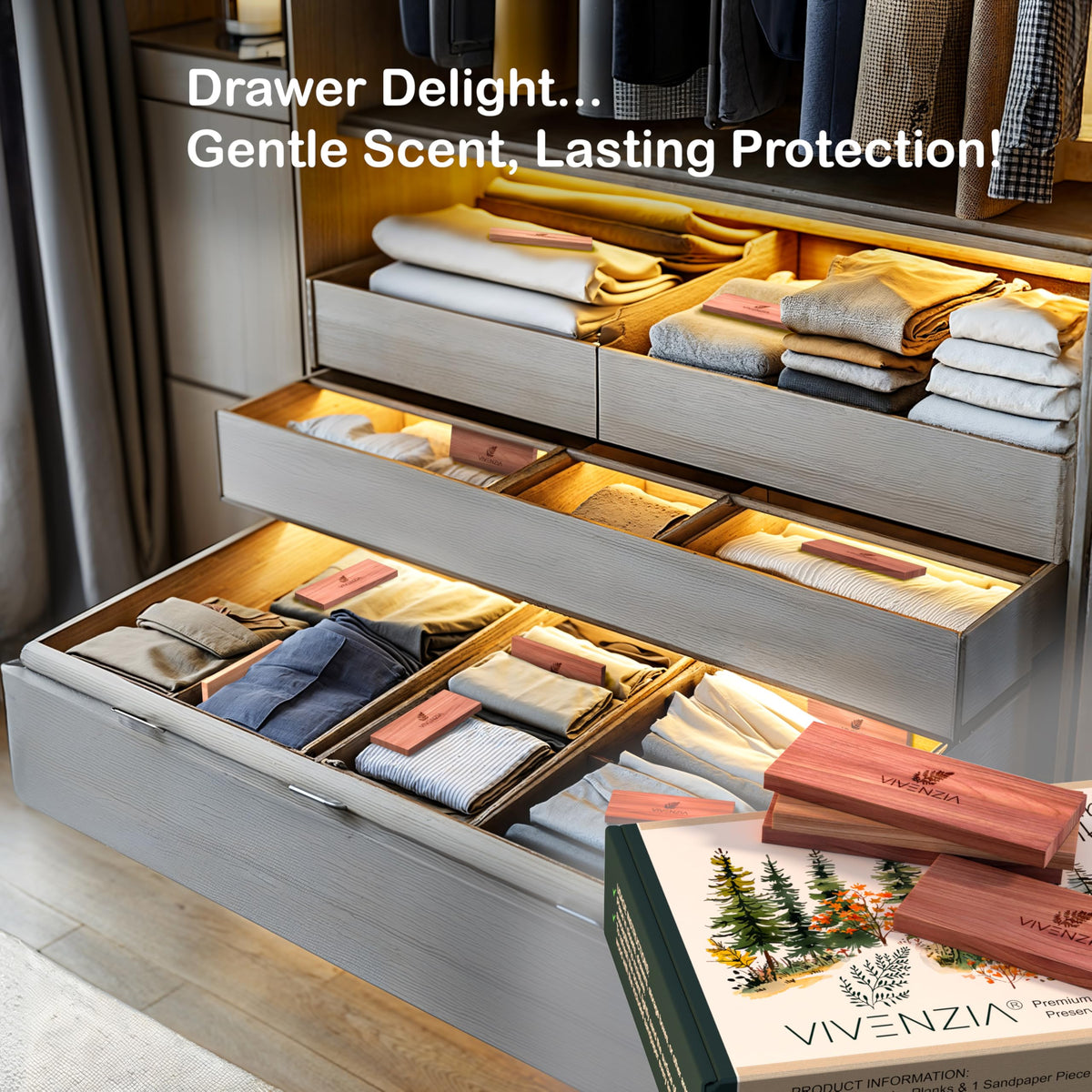 Vivenzia cedar blocks packaging highlights a natural closet solution