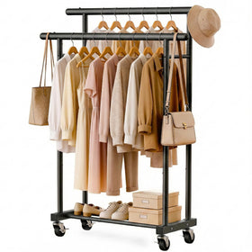 ViviDreamore double rods clothes rack with dual levels for dresses and shirts, maximizing hanging space.