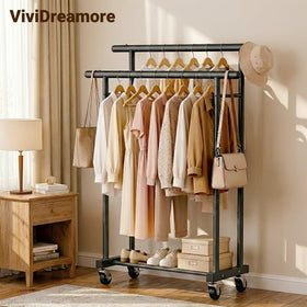 ViviDreamore rolling clothes rack 360-degree wheels for easy movement between rooms.
