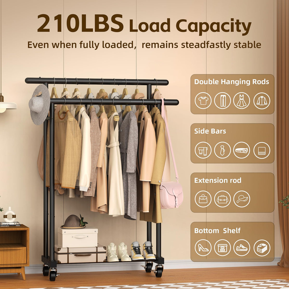 ViviDreamore side extension rods provide extra hanging space for accessories.