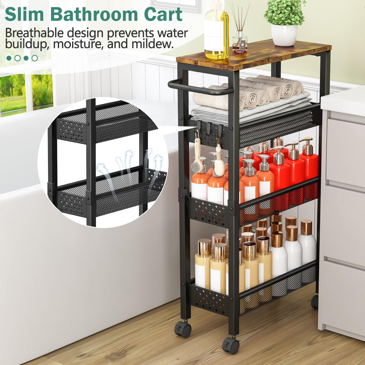 Vivihomety cart with 360° swivels rolls smoothly and quietly.