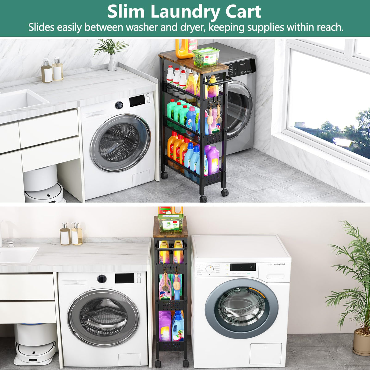Vivihomety narrow 4-tier cart with wheels fits tight gaps for easy access.