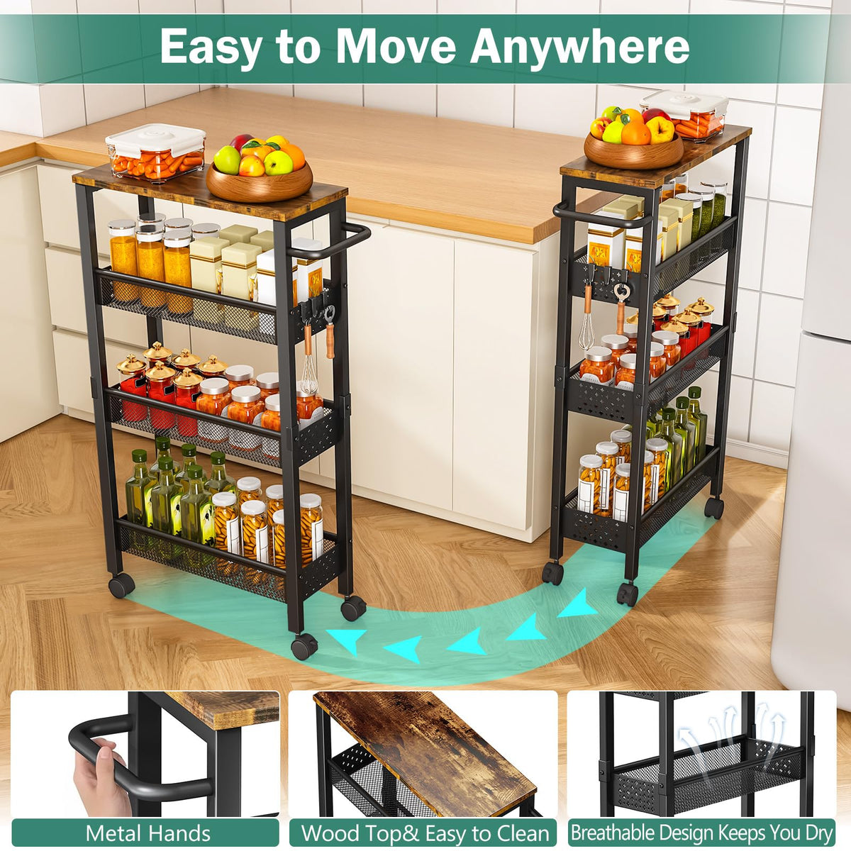 Vivihomety slim cart between washer and dryer, ideal for compact spaces.