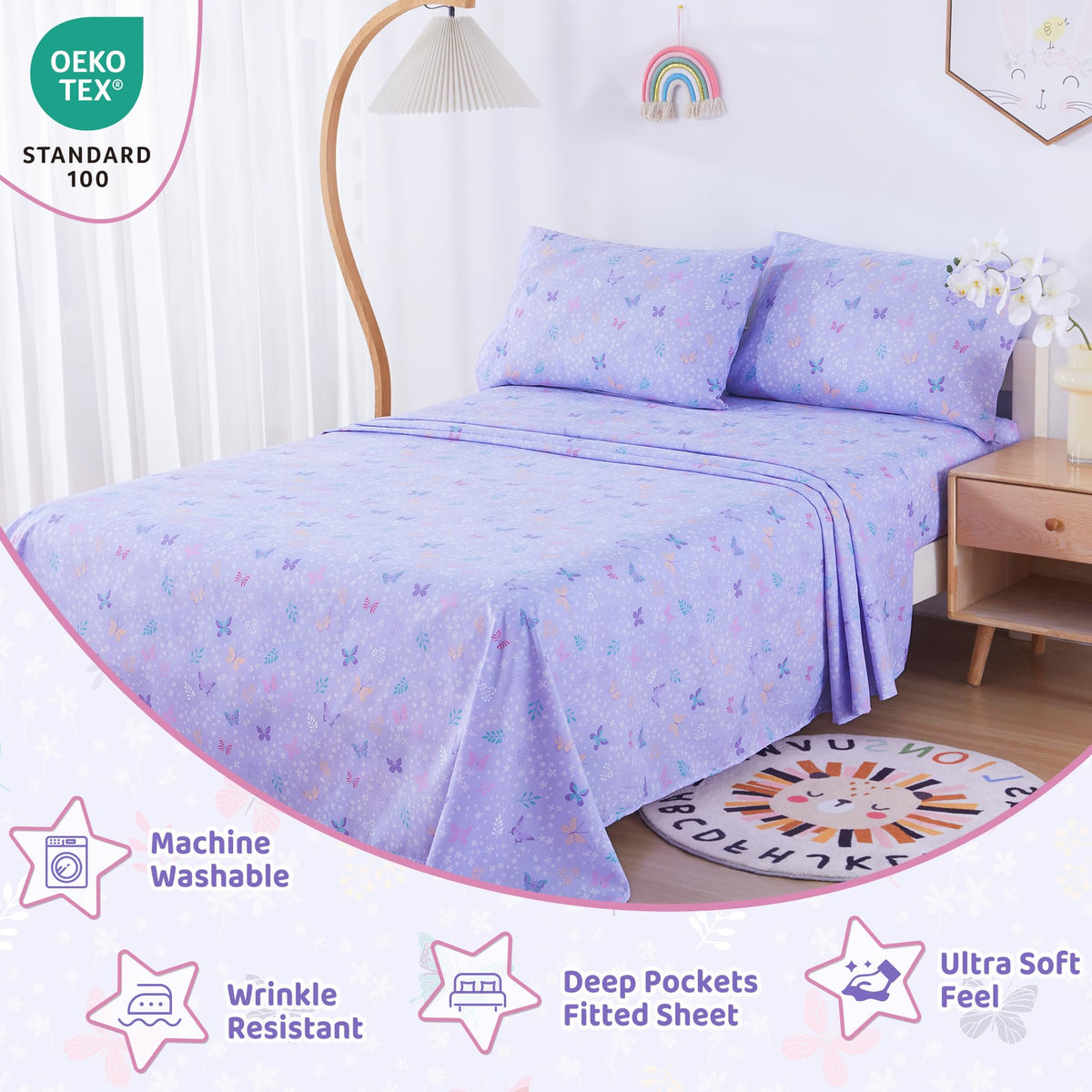 Viviland butterfly floral print detail brightens a kid's bedding
