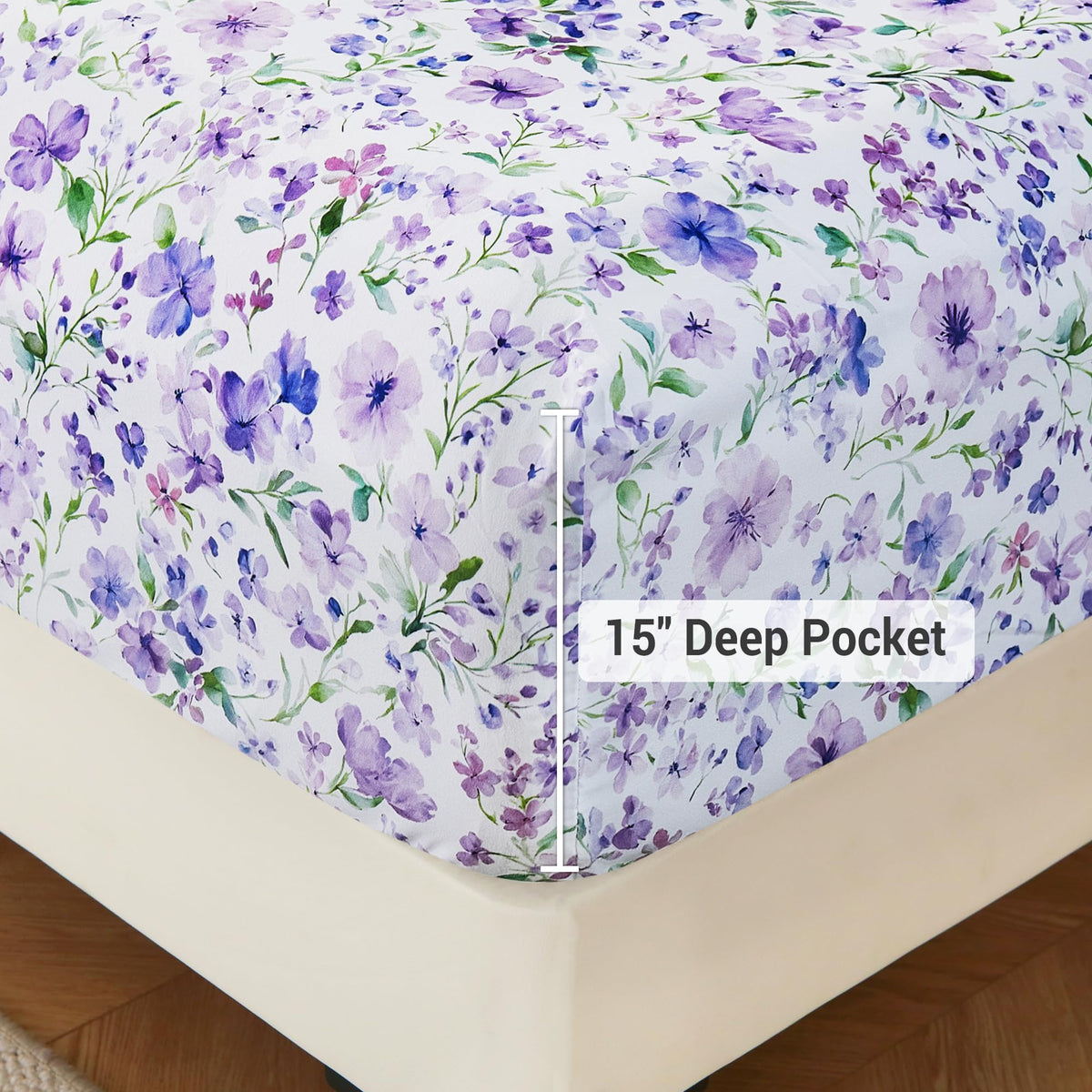 Viviland Floral Queen Sheet Set boho pattern closeup highlights warm lavender motif.