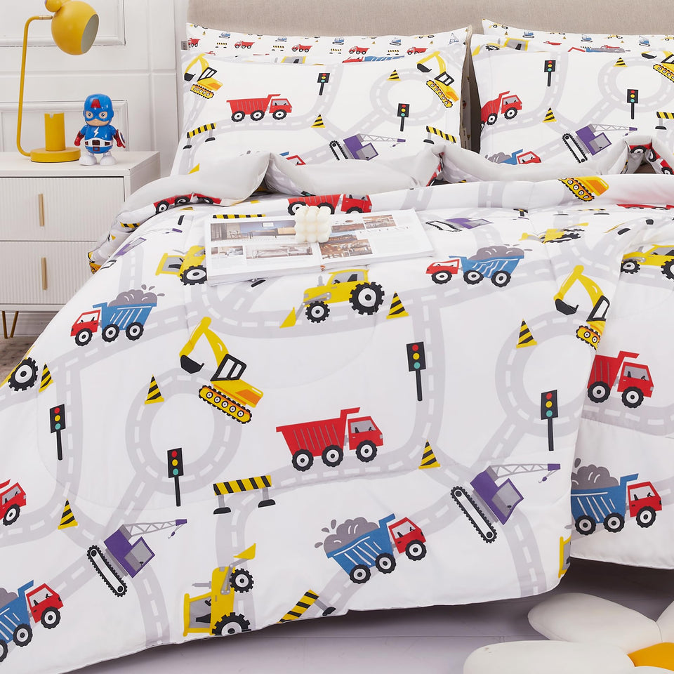 Viviland twin comforter with white car excavator pattern for cozy nights