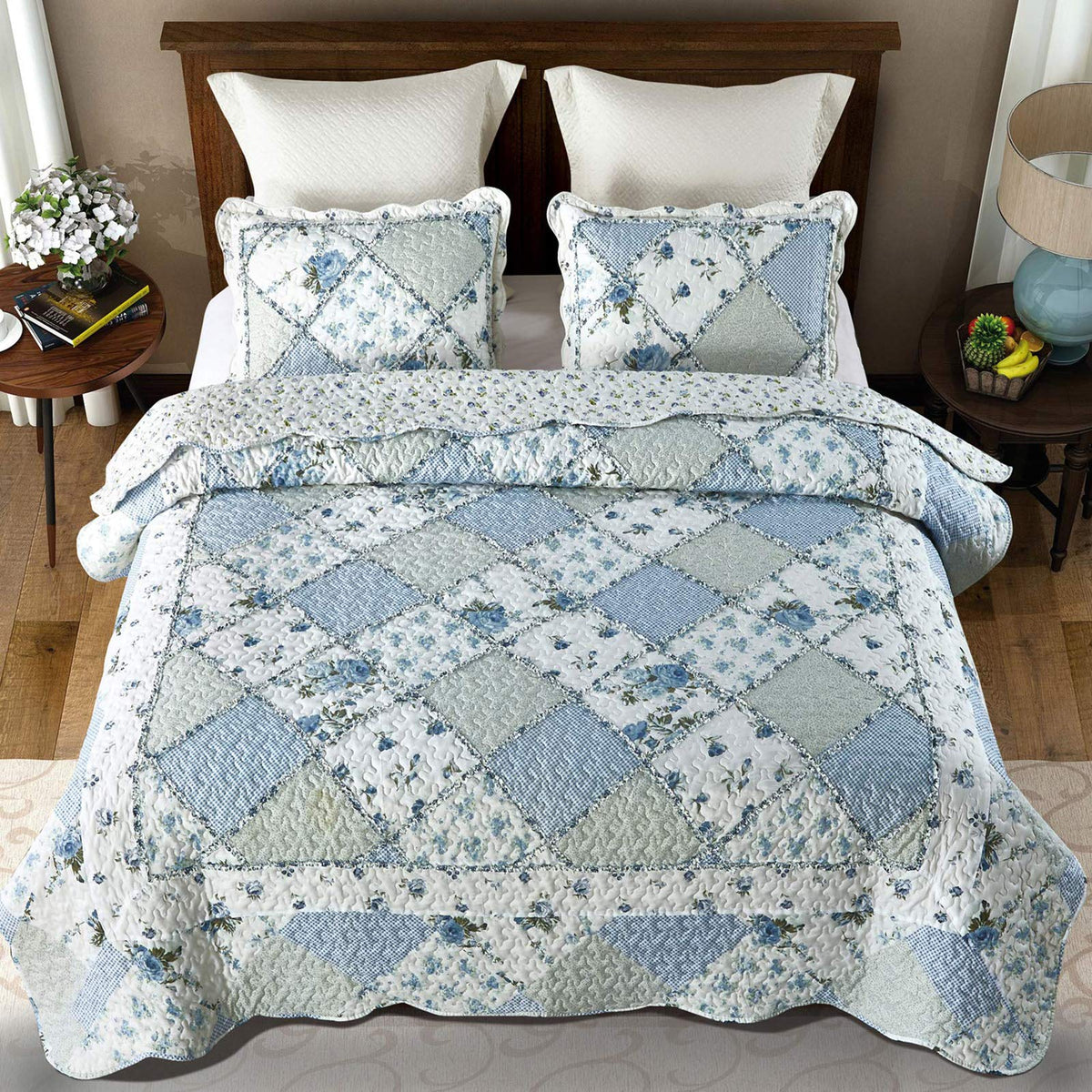 VIVILINEN blue patchwork quilt with pillowcases; complete coordinated bedding set.