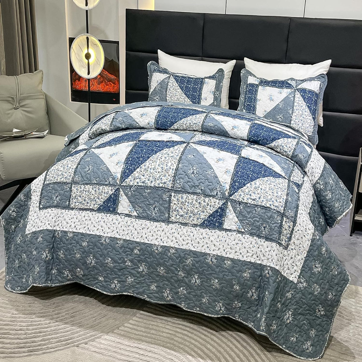 VIVILINEN oversized king quilt highlights floral patchwork as a tasteful bedroom centerpiece