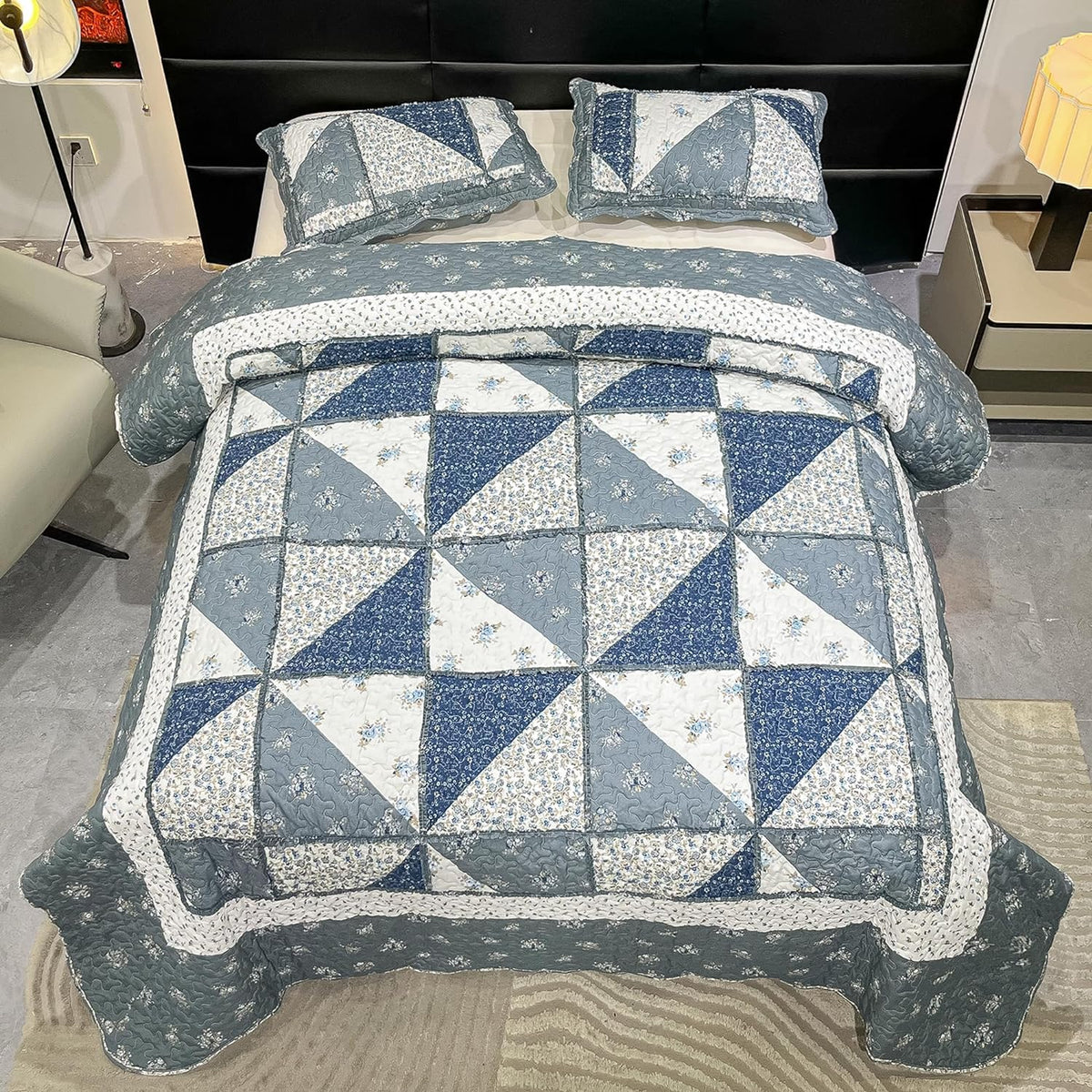 VIVILINEN grey patchwork quilt captures vintage washed aesthetic with cozy texture
